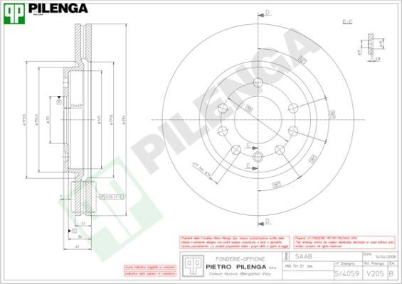 Тормозной диск PILENGA K J75OY V205 2364028 изображение 0