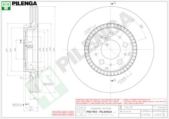 Тормозной диск PILENGA V263 SQ YM5Y 2364080