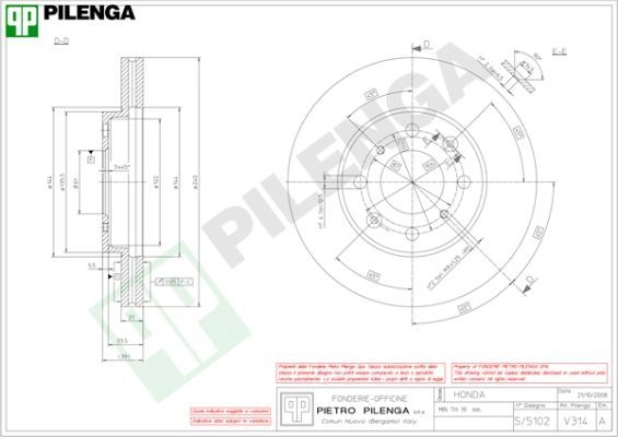 Тормозной диск PILENGA V314 5X 5D9 2364122 изображение 0