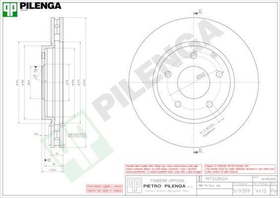 Тормозной диск PILENGA 2364208 I 5C9CIT V412 изображение 0