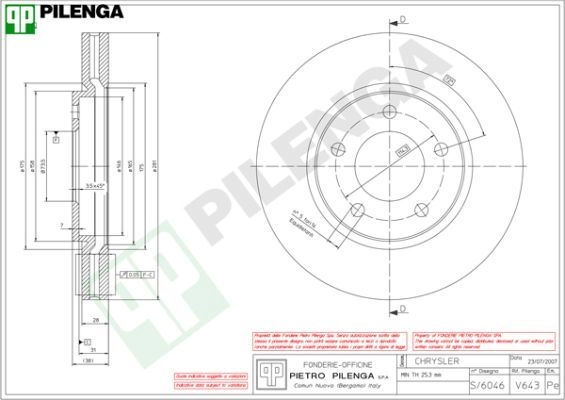 Тормозной диск PILENGA MNT 52F 2364416 V643 изображение 0