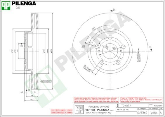 Тормозной диск PILENGA V684 2364455 WR9 AUOU изображение 0