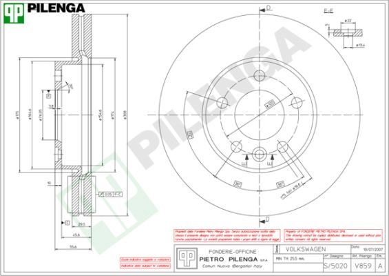 Тормозной диск PILENGA 2364619 V859 6Y2 LY изображение 0