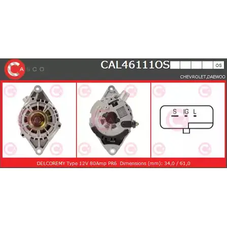 Генератор CASCO 3258312 689V92 3 HYDWXDY CAL46111OS