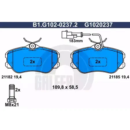 Тормозные колодки дисковые, комплект GALFER B1.G102-0237.2 3285657 21185 2 1182 изображение 0