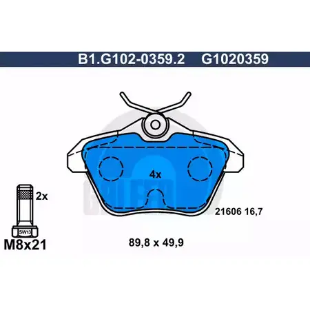 Тормозные колодки дисковые, комплект GALFER G1020359 B1.G102-0359.2 2 1606 3285727 изображение 0
