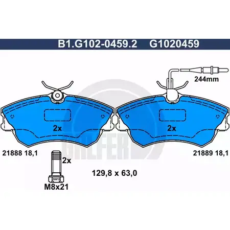 Тормозные колодки дисковые, комплект GALFER 2 1888 B1.G102-0459.2 3285780 21889 изображение 0