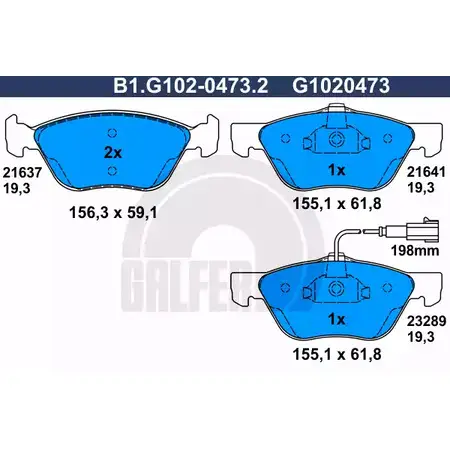 Тормозные колодки дисковые, комплект GALFER 2 1637 21641 3285787 B1.G102-0473.2