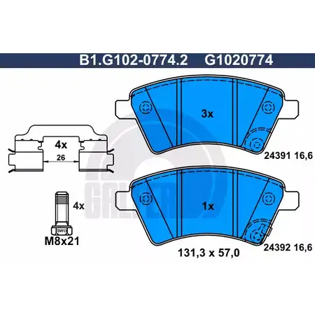 Тормозные колодки дисковые, комплект GALFER 3285981 B1.G102-0774.2 24392 2 4391