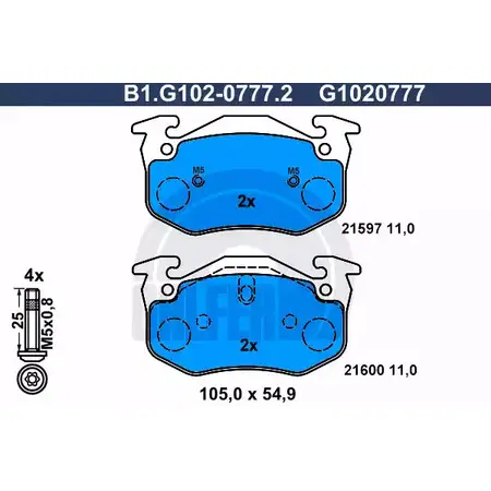 Тормозные колодки дисковые, комплект GALFER 21600 2 1597 3285983 B1.G102-0777.2 изображение 0