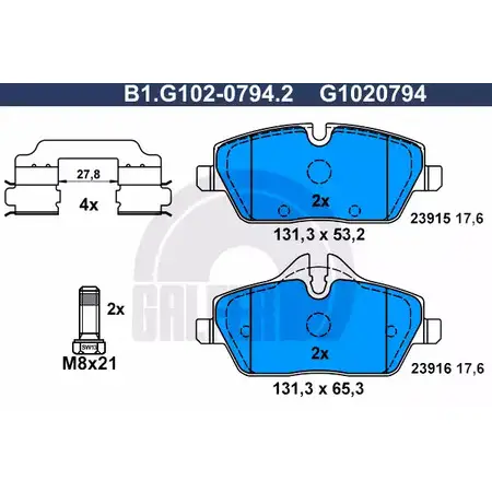 Тормозные колодки дисковые, комплект GALFER B1.G102-0794.2 239 15 3285992 23916 изображение 0