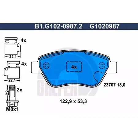 Тормозные колодки дисковые, комплект GALFER B1.G102-0987.2 G1020987 237 07 3286098