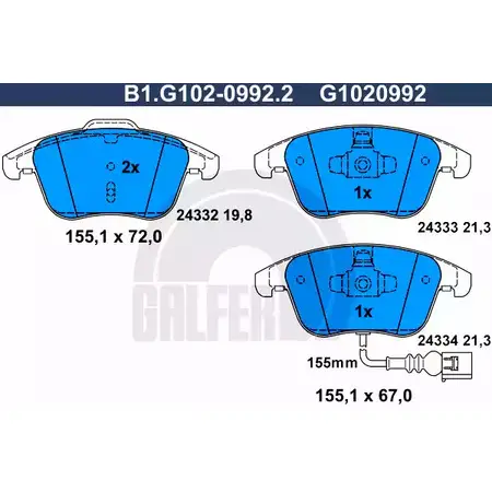 Тормозные колодки дисковые, комплект GALFER B1.G102-0992.2 24333 2433 2 3286101 изображение 0