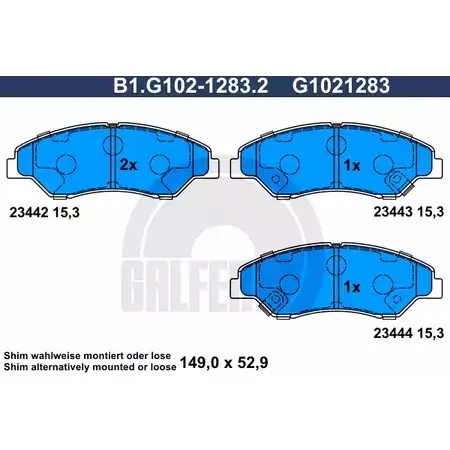 Тормозные колодки дисковые, комплект GALFER 2344 2 B1.G102-1283.2 23443 3286173 изображение 0