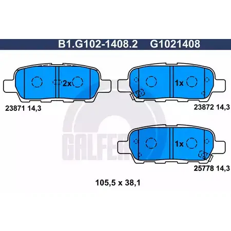 Тормозные колодки дисковые, комплект GALFER 2 3871 23872 3286196 B1.G102-1408.2 изображение 0