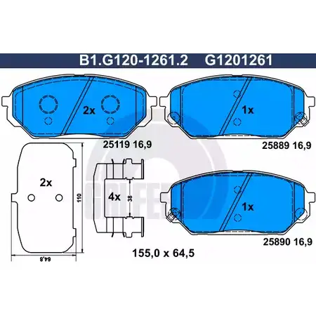 Тормозные колодки дисковые, комплект GALFER 3286345 25889 25 119 B1.G120-1261.2
