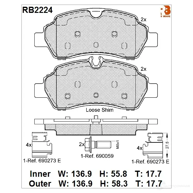 Дисковые тормозные колодки (противоскрипная пластина в компл.) R BRAKE 4390247 2935 6 RB2224 29357