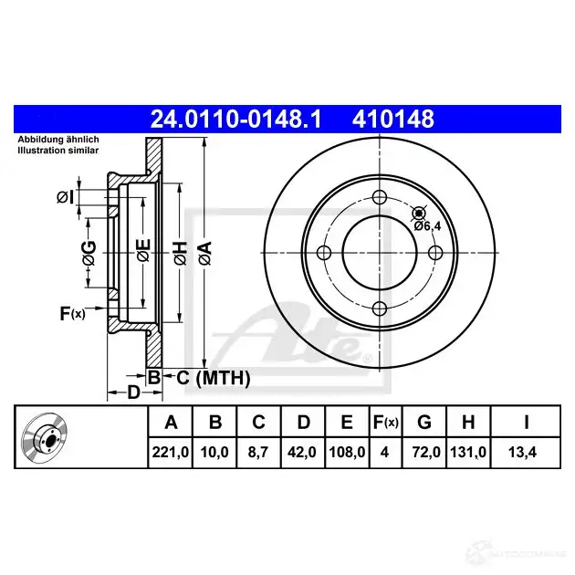 Тормозной диск ATE ME2O4SE 4101 48 57650 24011001481 изображение 0