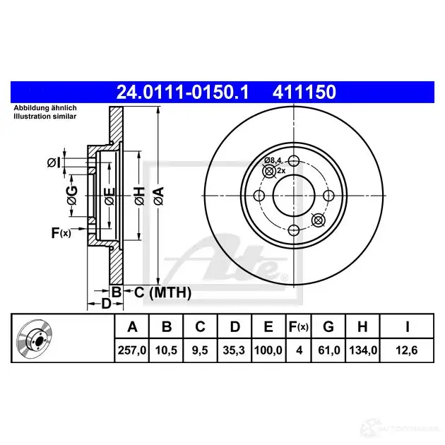 Тормозной диск ATE 57868 F1JWR0 24011101501 411 150 изображение 0