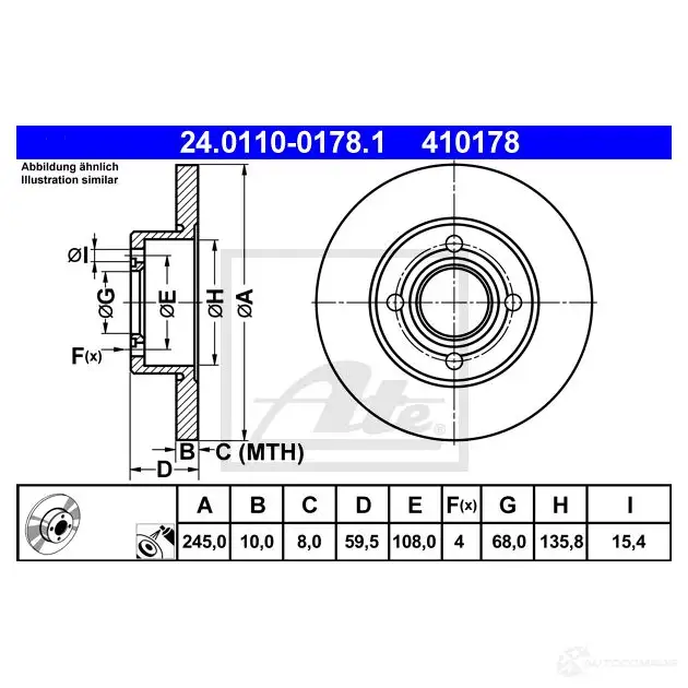 Тормозной диск ATE RH9GD6I 57658 24011001781 4 10178 изображение 3