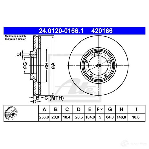 Тормозной диск ATE 58187 42016 6 CRY4T 24012001661