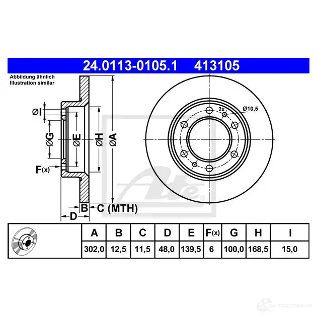 Тормозной диск ATE 57988 QRXEUTY 4131 05 24011301051 изображение 0