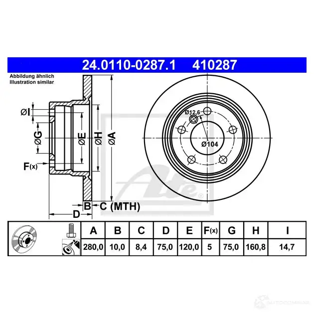 Тормозной диск ATE 57753 YU4UCB 24011002871 41 0287 изображение 0