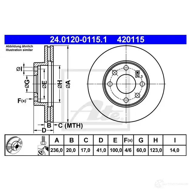 Тормозной диск ATE 4201 15 58155 24012001151 F6JGAR изображение 3