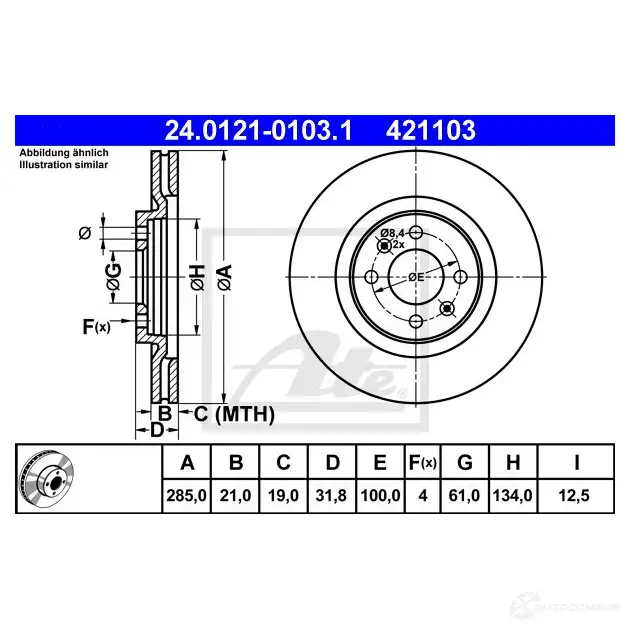 Тормозной диск ATE 42110 3 5QVVT4 24012101031 58253 изображение 0