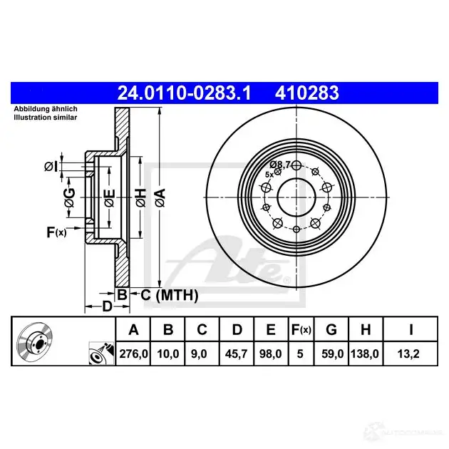 Тормозной диск ATE 41 0283 FCUH3II 57749 24011002831