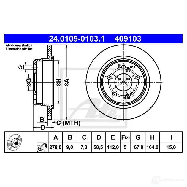 Тормозной диск ATE 24010901031 57581 4 09103 OZ3WLR изображение 0