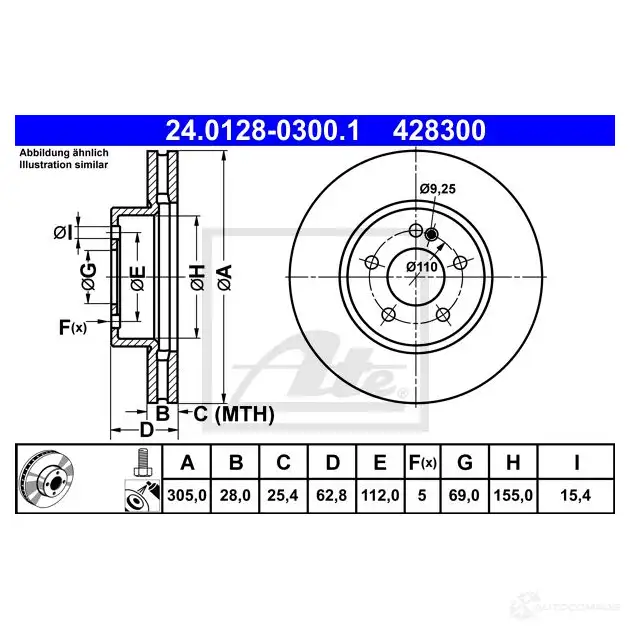 Тормозной диск ATE 24012803001 RS93JTQ 58877 4 28300 изображение 2
