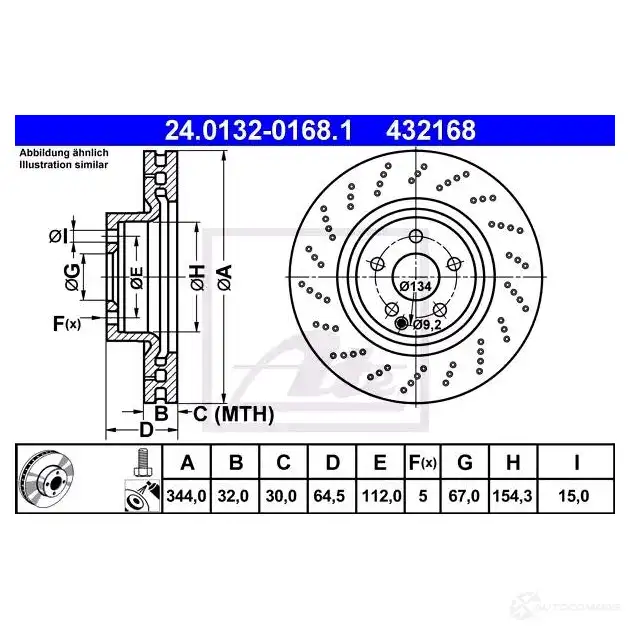 Тормозной диск ATE 43216 8 24013201681 JEF839H 59010 изображение 2