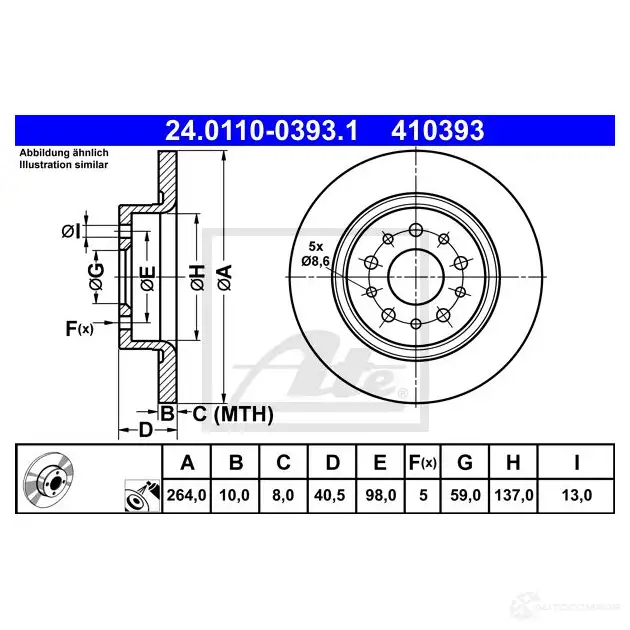 Тормозной диск ATE 24011003931 57836 41039 3 FAI75 изображение 2