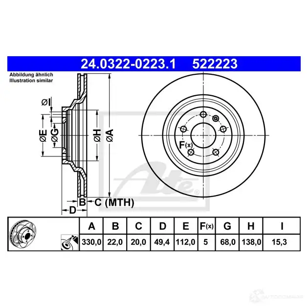 Тормозной диск ATE LHON2TC 59349 5 22223 24032202231 изображение 0