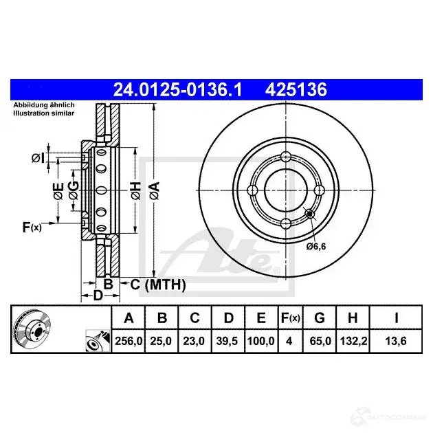 Тормозной диск ATE 1DEB1 24012501361 42513 6 58598 изображение 0