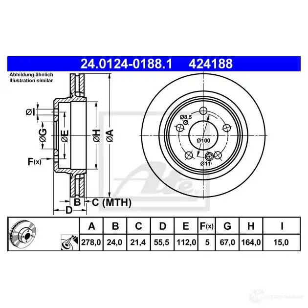 Тормозной диск ATE 5X4VN4 424 188 24012401881 58514 изображение 0