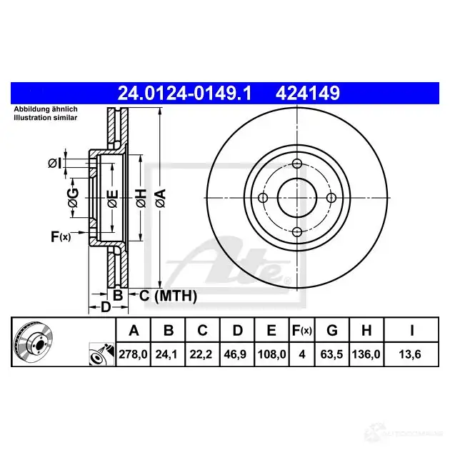 Тормозной диск ATE 24012401491 42414 9 58482 QK2IAXW изображение 0