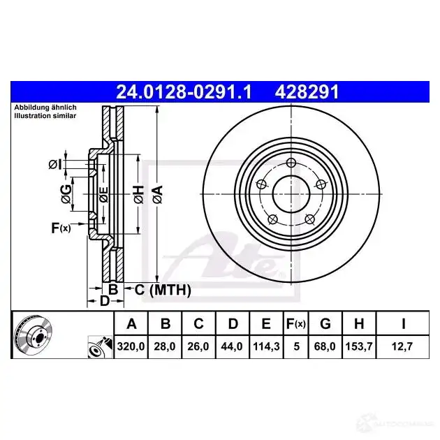 Тормозной диск ATE 24012802911 LVD7NN 58876 428 291 - Изображение 1