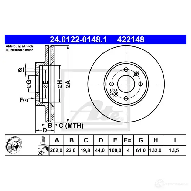 Тормозной диск ATE 42214 8 MRYXZ4M 24012201481 58302