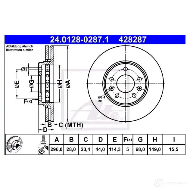 Тормозной диск ATE 1QOHIPS 42828 7 58874 24012802871 - Изображение 1
