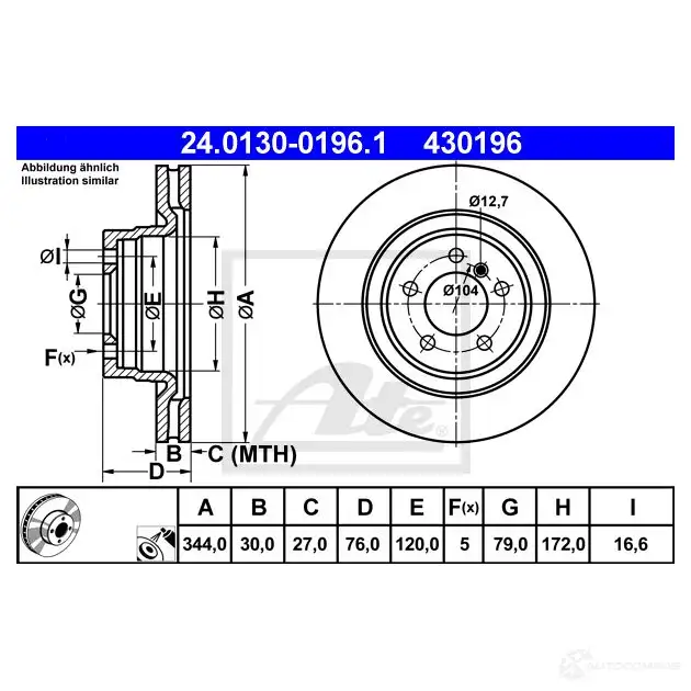 Тормозной диск ATE 24013001961 KUYCTW9 43019 6 58928 изображение 0