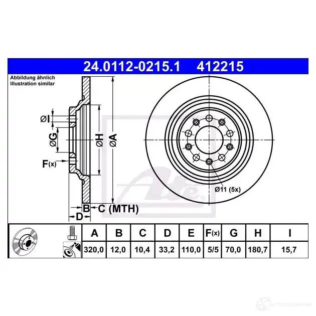 Тормозной диск ATE M9TUZS 1193355268 24011202151 41 2215 изображение 1