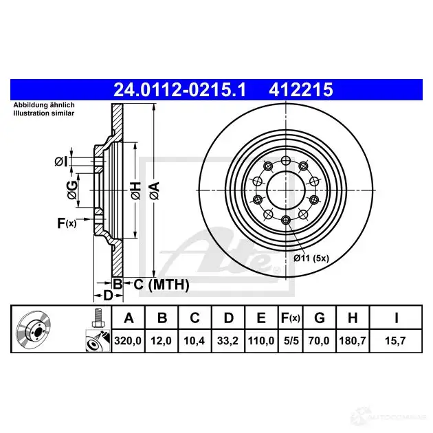 Тормозной диск ATE M9TUZS 1193355268 24011202151 41 2215 изображение 2