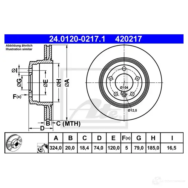 Тормозной диск ATE 4 20217 6XR0GX4 58232 24012002171 изображение 0