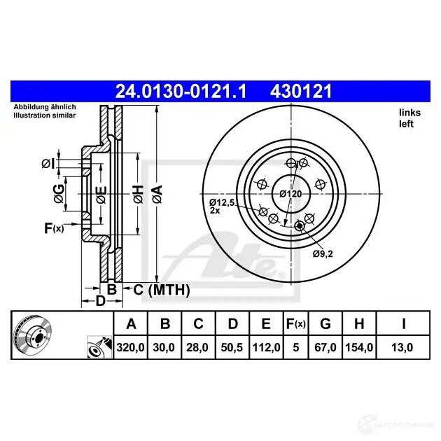 Тормозной диск ATE 4ONRHR 58902 430 121 24013001211 изображение 0