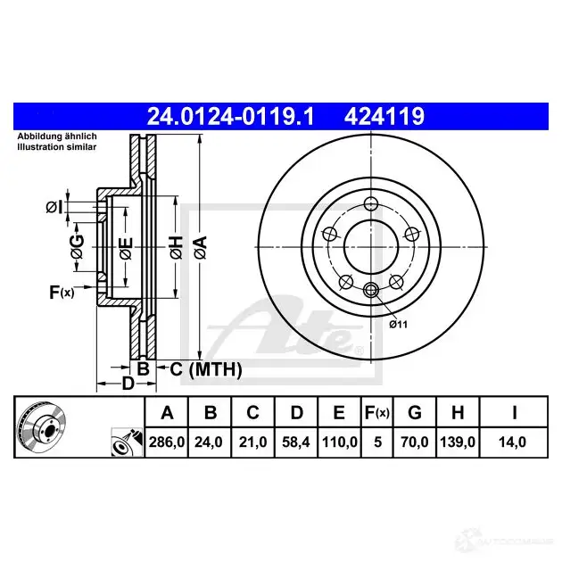 Тормозной диск ATE 58460 DNBWZGI 42 4119 24012401191 изображение 0