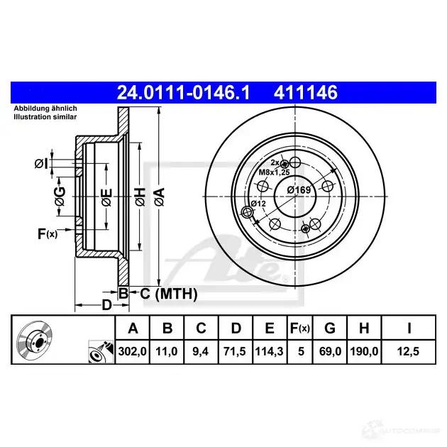 Тормозной диск ATE 24011101461 57864 V196E 41114 6 изображение 0