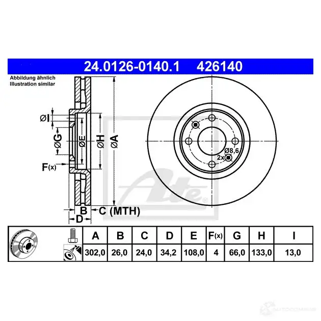 Тормозной диск ATE 02NAZ 58687 24012601401 4 26140 изображение 0