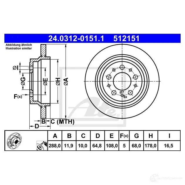 Тормозной диск ATE 59289 8S06TOC 24031201511 512 151 изображение 0